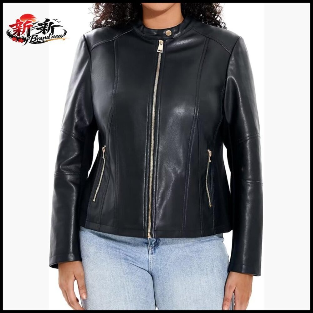 Faux Leather Jacket Plus Size Motorcycle Biker Zip Up Moto Coat